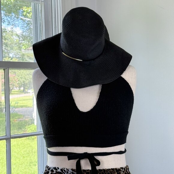 H&M Floppy Black Straw Hat Large Beach Vacation Summer Gothic Sun Hat - Picture 1 of 8